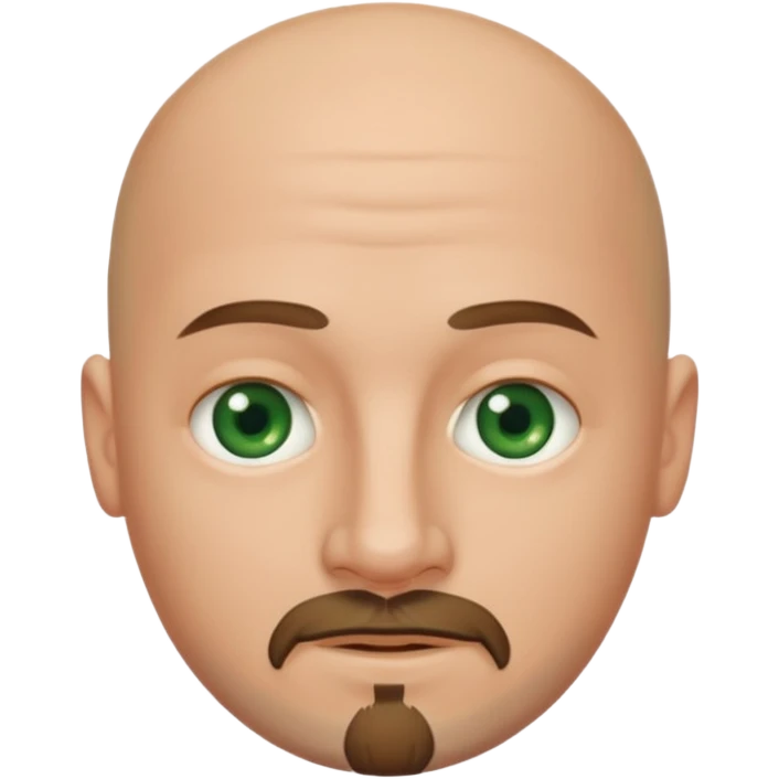 white caucasian bald man's face, with brown  round goatee and dark green eyes, oval face, rounded, big, little eyes a small smile,  emoji