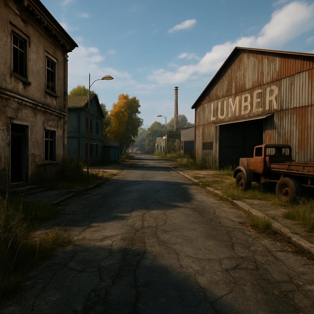 a view of the city street in a videogame: DayZ - in the town of berezio "lumber" [no text contained in the image] emoji