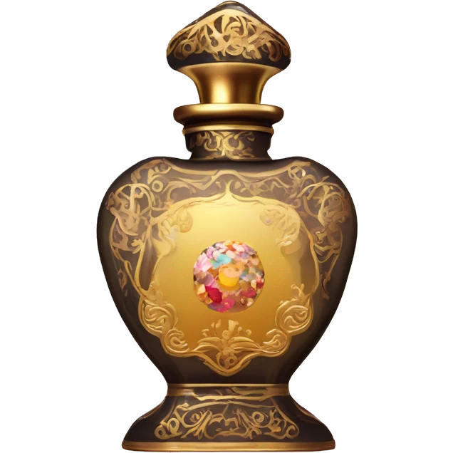 An antique perfume bottle in oriental style, oil perfumes inside, sequins and flowers flying around emoji