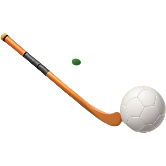 A field hockey stick and ball on a vibrant green grass field, with goalposts and clear field markings in the background. The scene emphasizes the bright, lush grass, highlighting the fast-paced and strategic nature of hockey on a well-maintained pitch. emoji