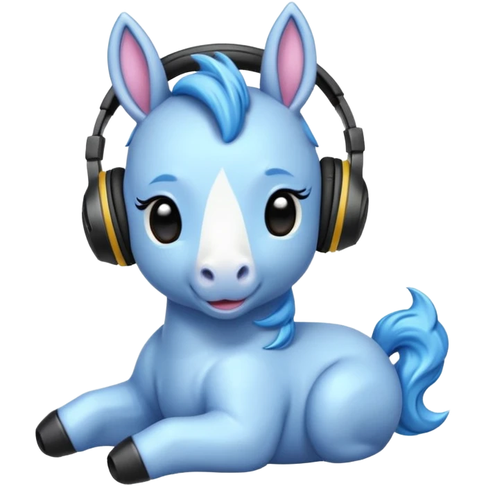 Unicornio bebé azul sentado escuchando música con auriculares negros emoji
