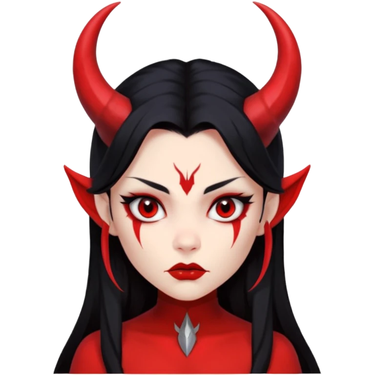 Head only: demon girl, 100% red skin, long black hair, small horns, sharp cheekbones, serious eyes, full lips, pointed ear; centered, no body, no text. emoji