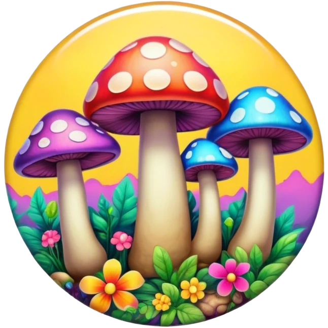 A round psychedelic colored button with bezeled edges and colorful hippie style mushrooms emoji