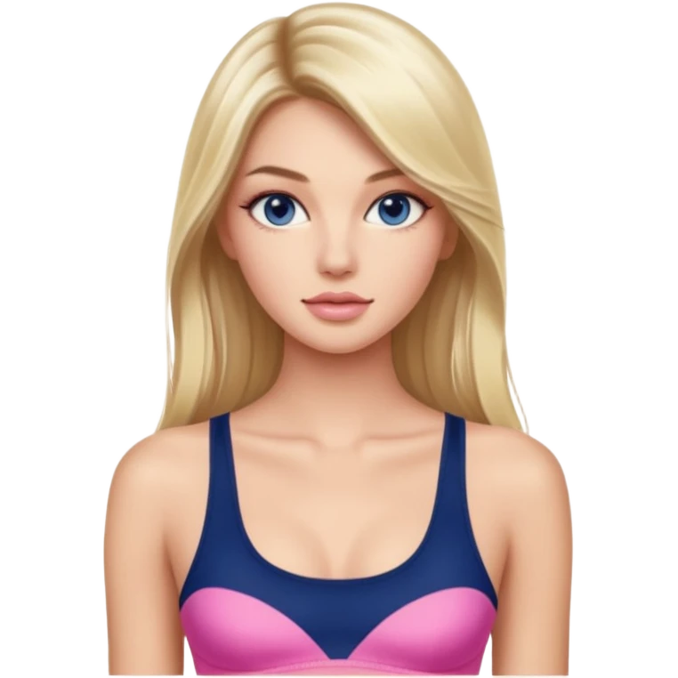 Victoria’s Secret model with long light blonde straight balayage hair, dark blue almond and small eyes, oval face, small lips, skinny long waist, firm legs, pink crop top emoji