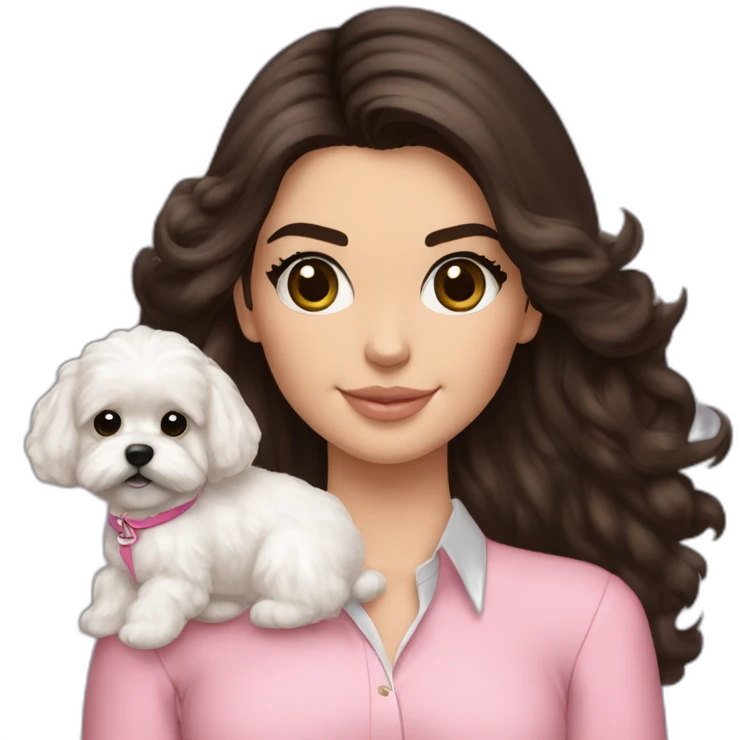 brunette Kendall Jenner with long hair holding on the hands white maltipoo wear in pink collar emoji
