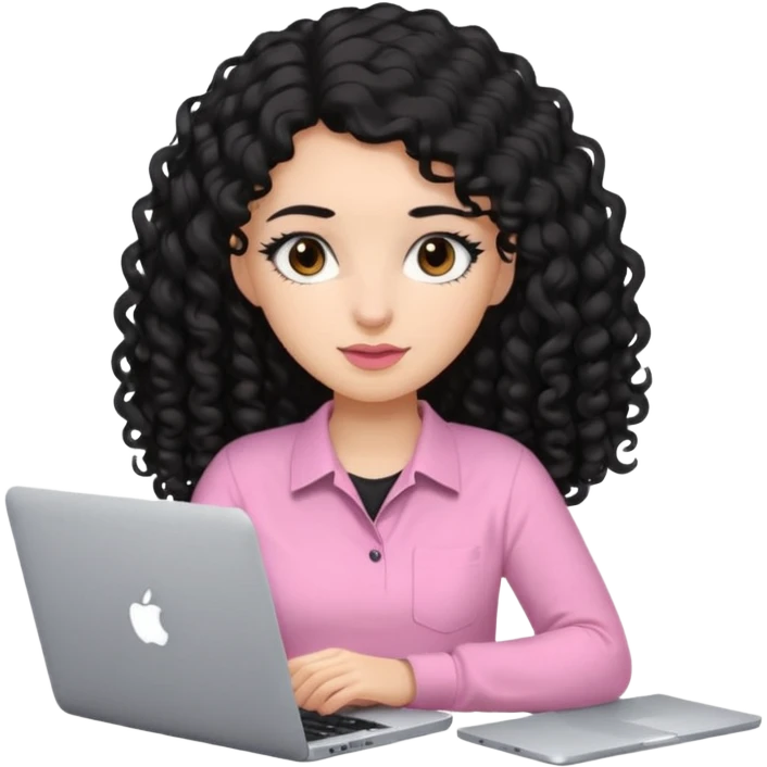 a girl typing mac book with long black curly hair and brown eyes with black eyeliner, pink shirt, social media manager emoji