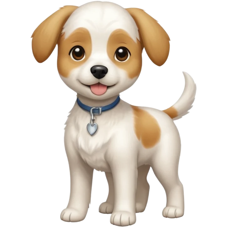 a full body white beagle x maltese x chi dog the size of a kelpie with light brown ears and a light brown patch on one eye emoji