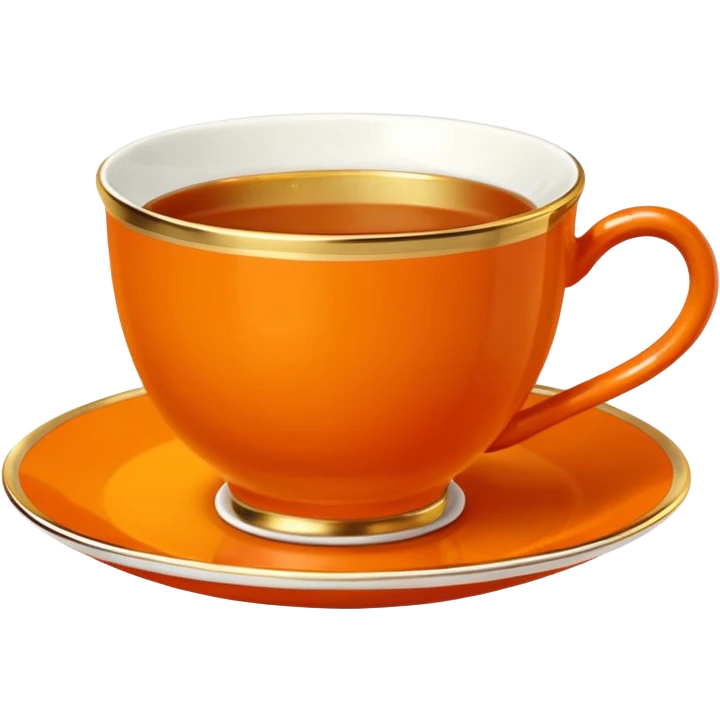 Hermès-style ceramic teacup with saucer, Hermès orange and gold trim, luxury, cute emoji style emoji