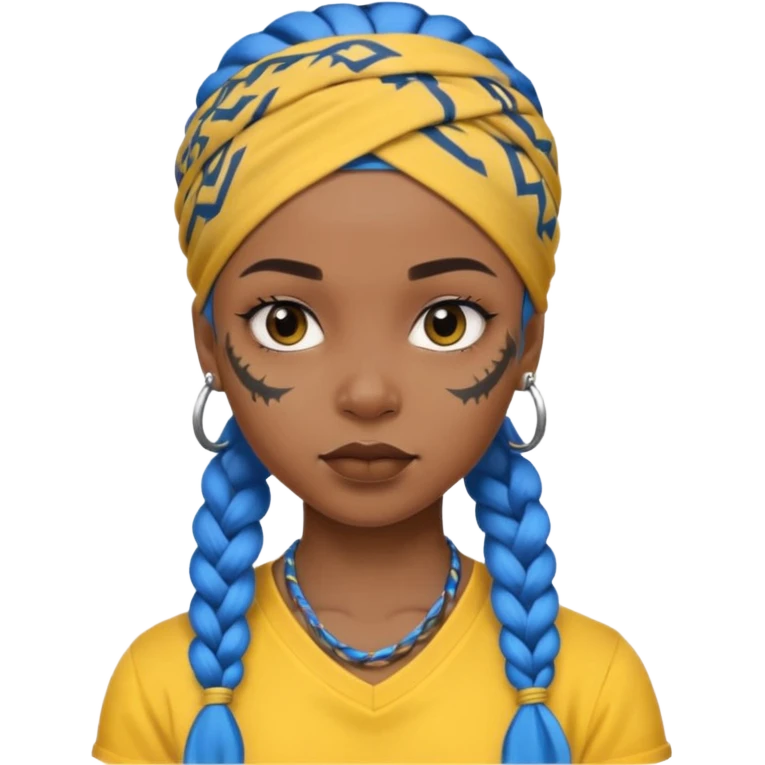 blue braided hair with yellow head bandana and lots of face tattoo black skin girl emoji