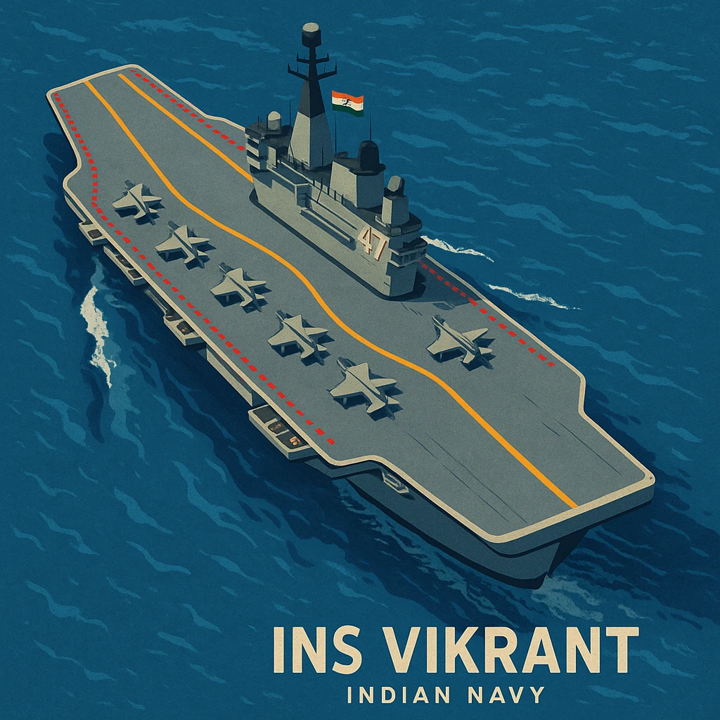 INS Vikrant, Indian Navy ship, top-down view, stylized, blue sea emoji