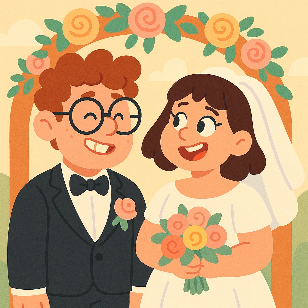 Georgie and Mandy inspired by the reference photo, in wedding outfits, pastel soft style, wedding scene emoji