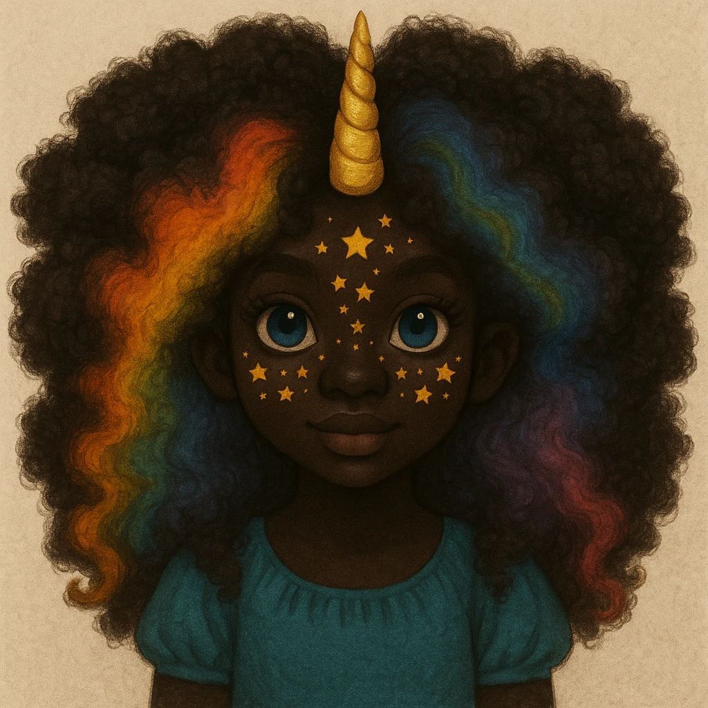 Change the character's skin to a deep black tone and give her fluffy, voluminous hair while keeping the rainbow hair, gold unicorn horn, blue eyes, and star freckles. Maintain the original style and details. emoji