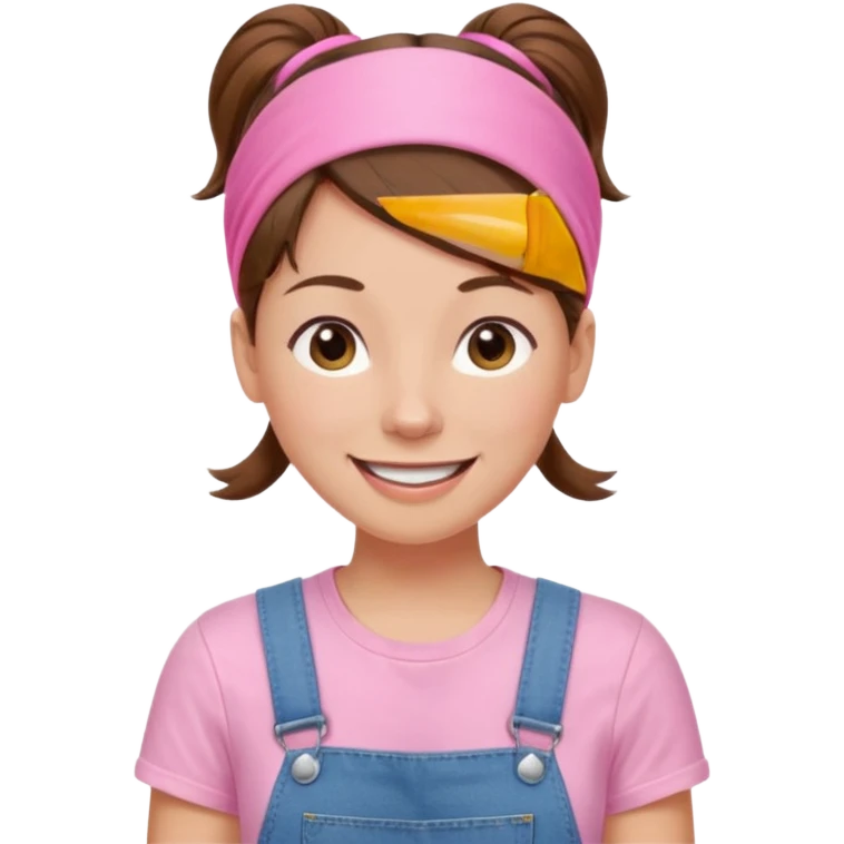 preschool teacher with brown hair pulled up in high ponytail and light pink thin width headband. Has a pink t-shirt with denim overalls. enthusiastic expression with big smile emoji