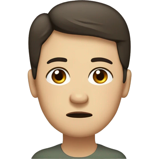 Emoji of a person with short dark brown hair, brown eyes, pale olive skin, and a stressed expression. Sweat on forehead, furrowed eyebrows, and pursed lips. Minimalist drawing style emoji