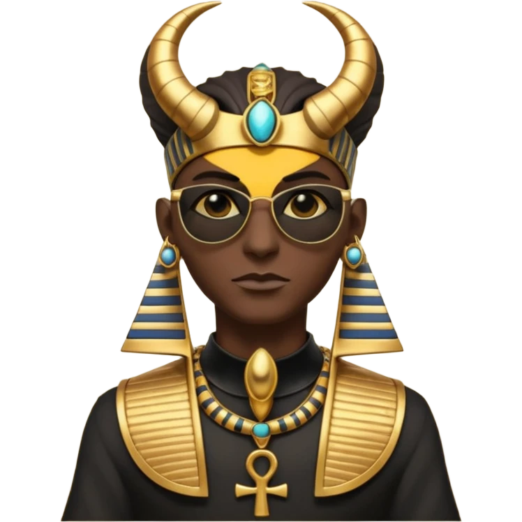 3D cartoon horned character portrait, wearing sunglasses, gothic ancient Egyptian style, pharaoh collar, dark gold and black outfit, ankh symbols, Egyptian jewelry, mysterious expression, soft dramatic lighting, centered, clean background, no text, no watermark emoji