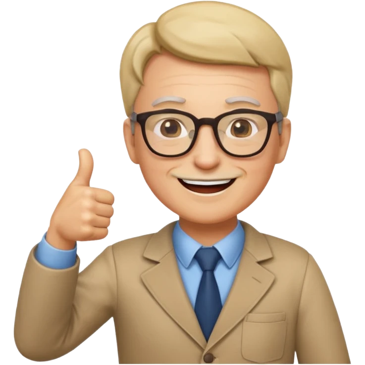 un PROFESOR que este parado con sus lentes guiñando el ojo y CON LAS MANOS HACIA ARRIBA DANDO LIKE emoji