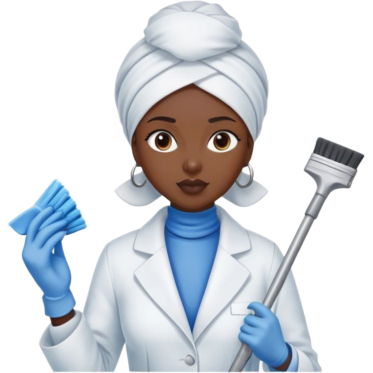 dark-skinned woman with white headscarf, white coat with blue collar, cleaning lady emoji
