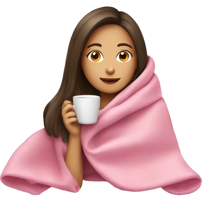 Brunette girl in pink blanket drinking coffee emoji