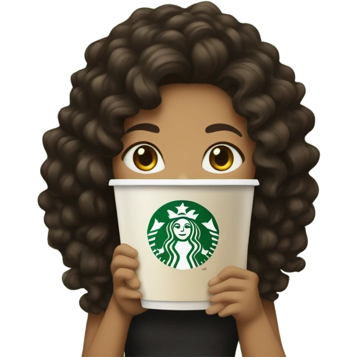 Girl with medium tan skin/  black brown curly long hair with Starbucks  emoji