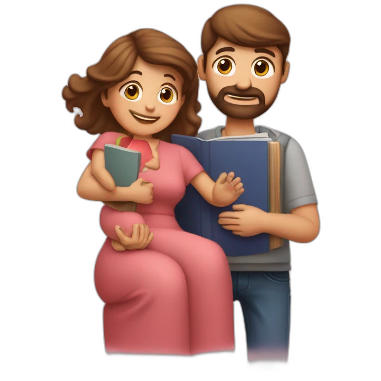Padre y madre con melena por los hombros con un hijo de 6 años y un libro en la mano emoji