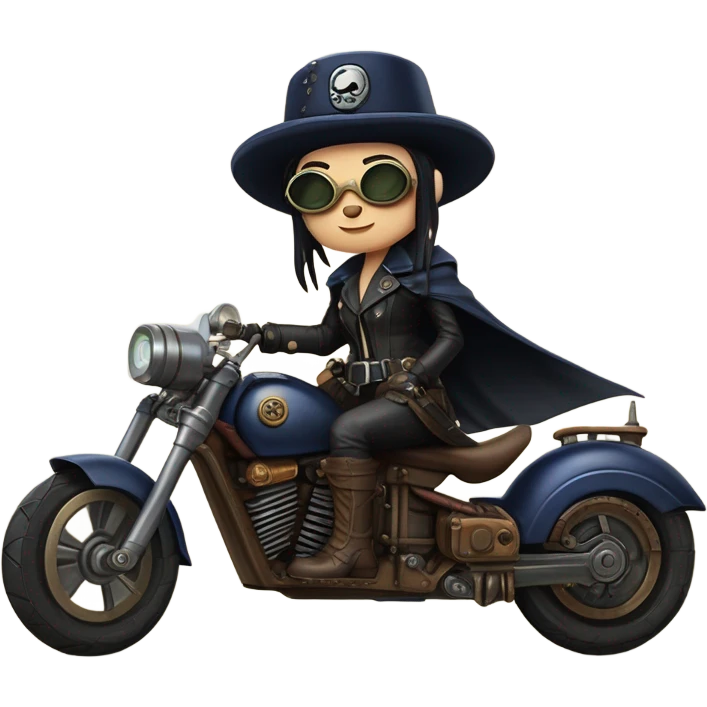 Bounty hunter Wednesday Addams Jedi wearing a pair of navy-blue rimmed steampunk goggles, hat, leather chaps, fringe jacket riding a relaxed distressed sci-fi 3 wheeled steampunk electric motorcycle with large fenders and saddlebags in desert town  emoji