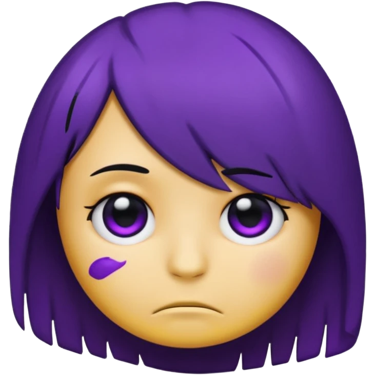 Normal emoji head, but with emo hair and black and purple paint around the eyes like an emo. And it’s looking sad emoji