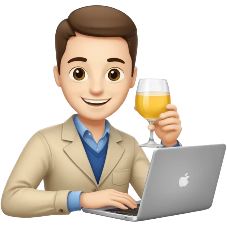 A friendly freelance character (male or neutral) working on a laptop while holding a glass of pastis/ricard (yellow drink with ice and lemon). The character should have a simple smiling face (no glasses), and should look energetic and creative. emoji