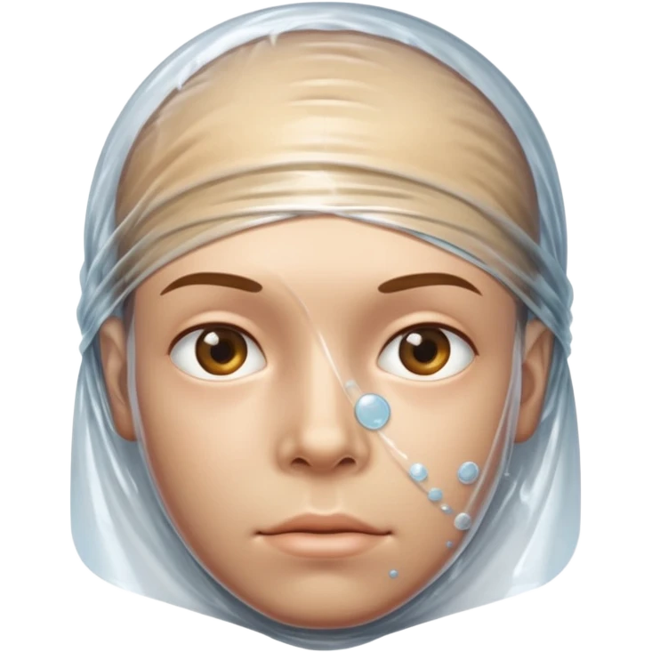 Human head completely wrapped in plastic wrap, air bubbles under surface. emoji