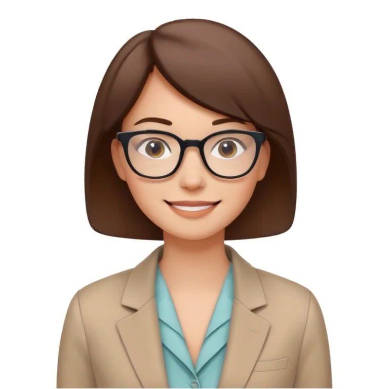 clean emoji-style avatar of a smiling woman with glasses, short brown hair, and a blazer, friendly minimal look, soft colors, plain or lightly colored background, modern vector illustration style for startup websites emoji
