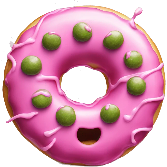 Large pickle inside the hole of a giant pink donut dripping white icing emoji