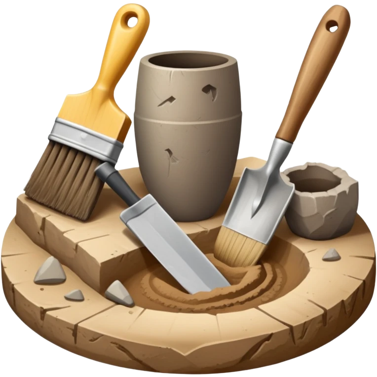 An icon showing an archaeologist’s tools: a trowel, brush, and a partially uncovered ancient artifact like a vase or tablet. The design includes a sandy excavation site with ruins in the background, symbolizing the discovery of past civilizations. Transparent background  emoji