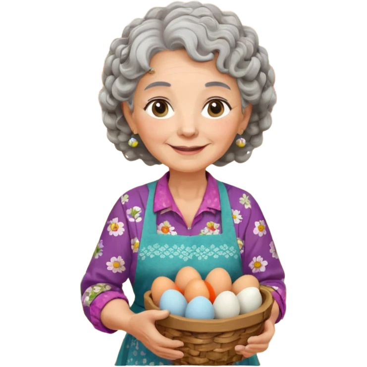 elderly rural woman, round face, gentle smile, curly gray hair, floral blouse, colorful apron, holding basket with eggs garlic herbs, pastel palette, big eyes, Chilean wooden kitchen background, clay pots, warm light, detailed clean vector art emoji