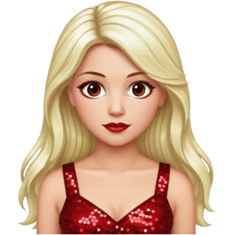 Tiffany Valentine with long platinum blonde hair, dark red sequin outfit emoji