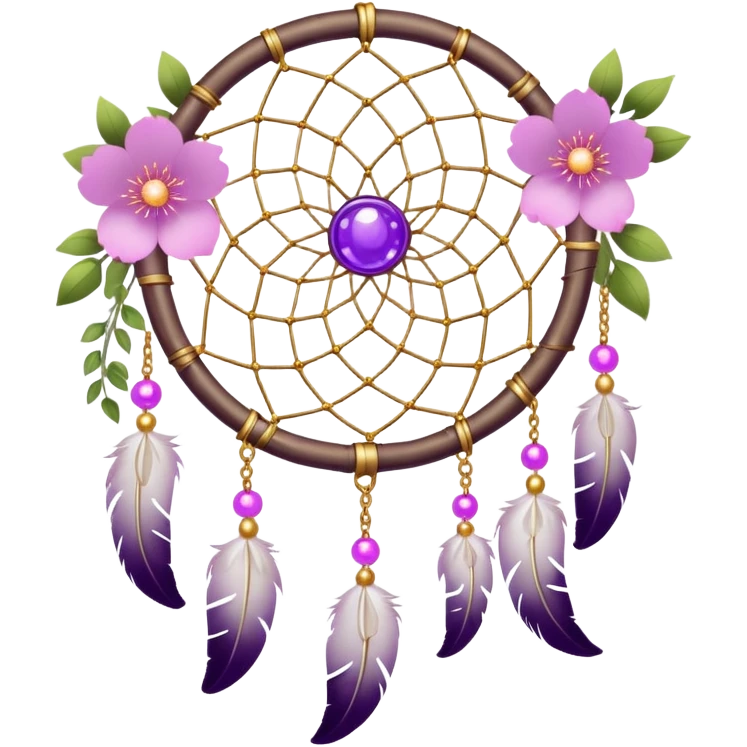 A white Dreamcatcher. with purple-round-orbs, gold-rings hanging down. purple flowers, pink sakura flowers, emoji