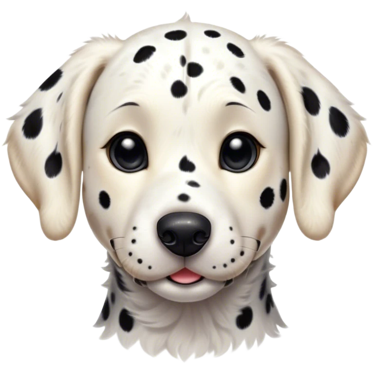Cinematic Cute Spotted Dalmatian Portrait Emoji, Head tilted playfully and inquisitively, featuring a glossy Fur of predominantly white with dynamic black patches, round, sparkling eyes filled with gentle curiosity, Simplified yet irresistibly adorable features, highly detailed, glowing with a warm, friendly glow, high shine, affectionate and gentle, stylized with a touch of whimsy, bright and endearing, soft glowing outline, capturing the essence of a mischievous yet loving pup, so playful it feels like it could lumber out of the screen and into your arms! emoji
