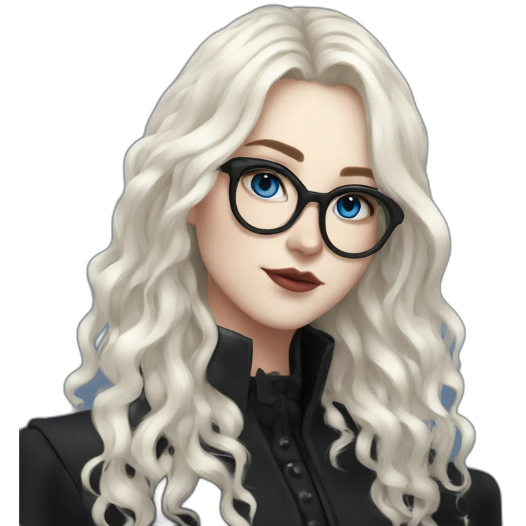 full length girl in a black coat and goth black boots, glasses, blue eyes, white skin, curly black long hair and aristocratic high cheekbones emoji