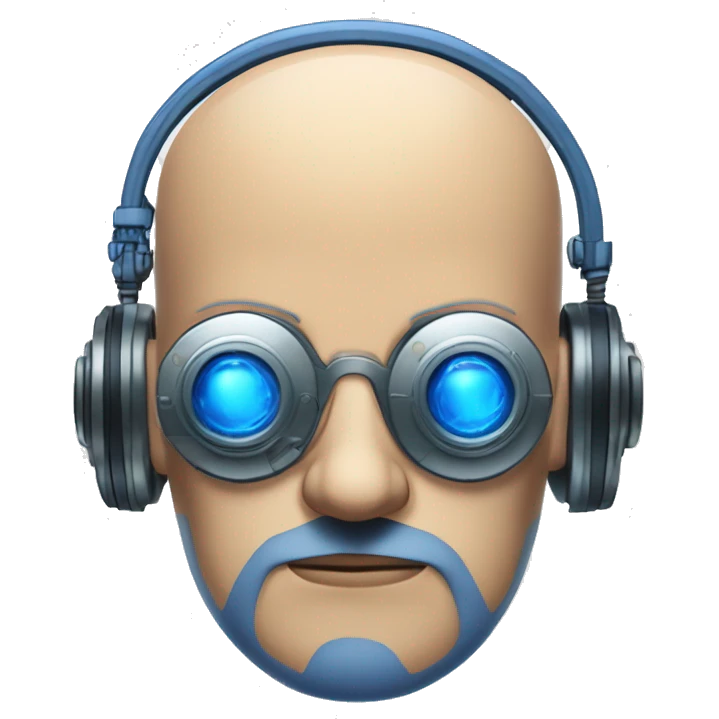 Fat bald cyborg head with tan skin, blue beard, blue steampunk goggles and circuits emoji