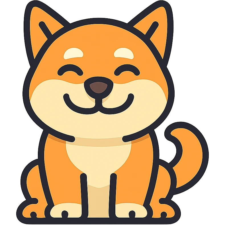 modern vector style logo of a relaxed Shiba Inu dog with big smile warm cheerful colors minimalist design no text no background elements tech friendly vehicle UI emoji