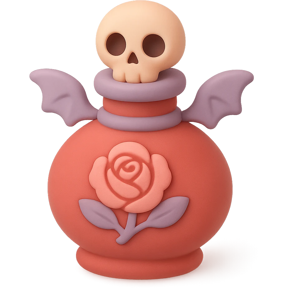 red goth potion bottle with a rose motif, soft and cute gothic look, mochi style emoji