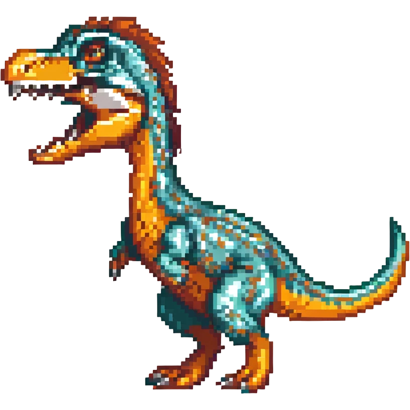 velociraptor, pixel art style, roaring, orange and teal colors emoji