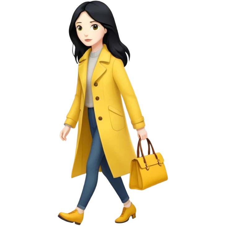 Long black haired woman walking in yellow coat emoji