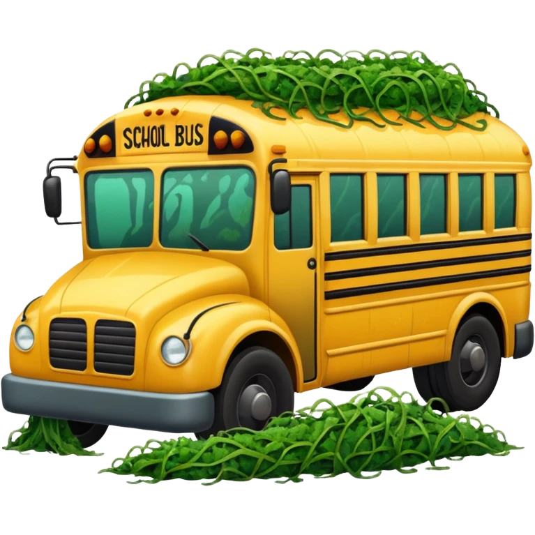 Front view of a School bus covered in seaweed emoji