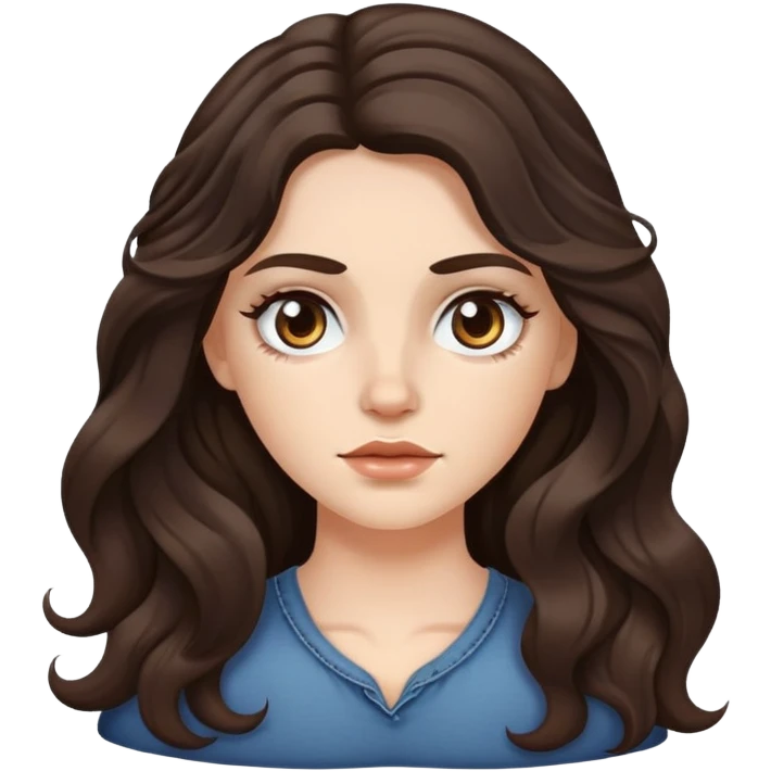 A white girl with long dark brown wave hair and patches under her eyes emoji