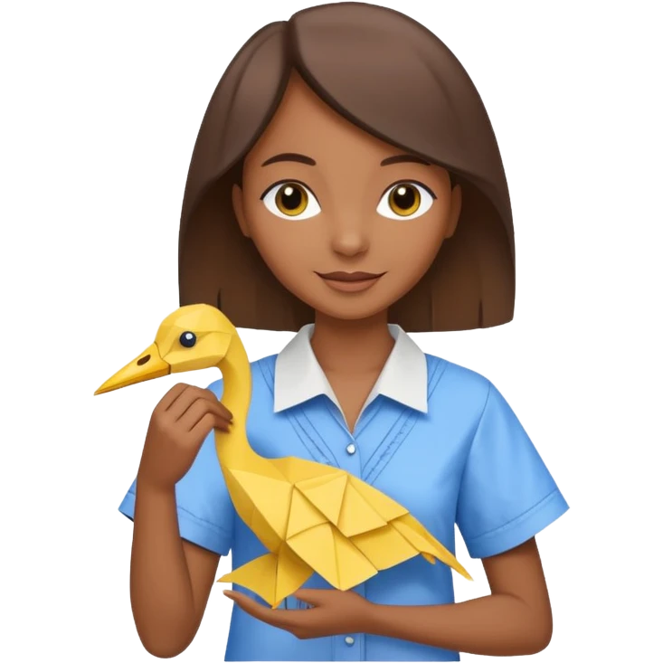 happy-african-young-girl-with-brown-hair-in-a-white-vintage-kanga-shirt-holds-an-origami-yellow-and-blue-crane emoji