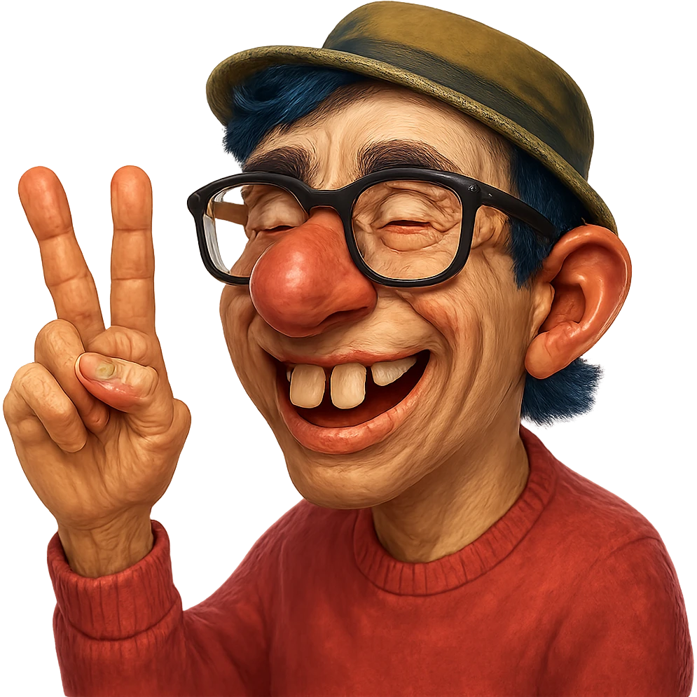 Make this character look like a nerd with an even bigger nose, buck teeth, glasses, and more realistic features. Keep the hand visible. Style should be semi-realistic, nerdy, expressive, with no background. emoji