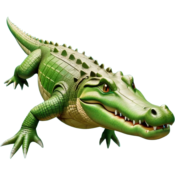 cinematic-crocodile-realistic-full-body-on all fours-emoji,-massive-scaled-body-partially-submerged-in-shallow-water,-head-tilted-dramatically,-rough-green-and-brown-hide-textured-with-deep-ridges,-simplified-yet-realistic-focused-features, head held high emoji