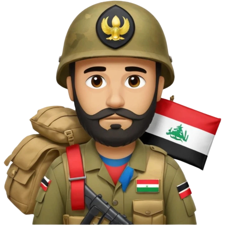A very tired and sad, swarthy Iraqi soldier with a beard, an Iraqi flag on his helmet, a sad expression and bags under his eyes emoji