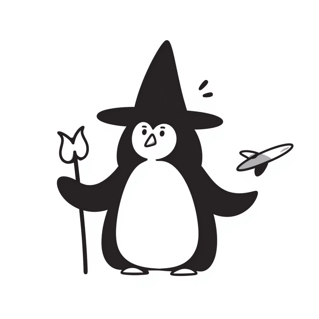 Penguin wizard with pointed hat and magic staff emoji
