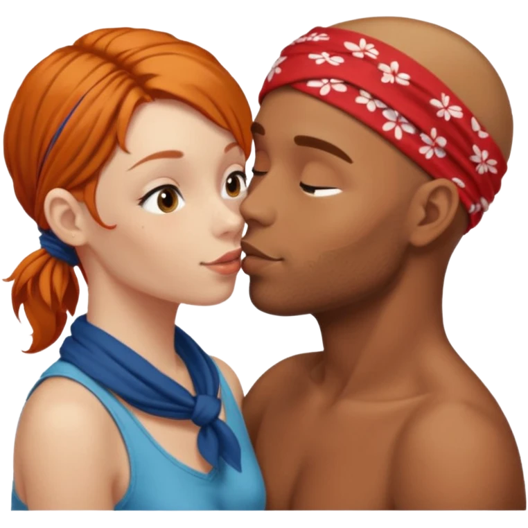 Two people naked kissing, brown man with bandana no hair, white girl ginger hair emoji