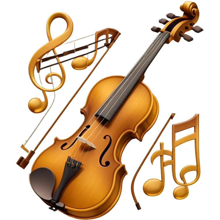 Create a sophisticated and detailed emoji representing the 'Macdonald' viola by Antonio Stradivari. The design should feature a beautifully crafted viola with visible fine details, including the scroll, f-holes, and rich wood texture. Add subtle elements like a bow resting on the strings and musical notes to evoke the instrument’s classical nature. Use rich, warm colors like golden brown, amber, and subtle hints of gold to reflect the luxury and craftsmanship of Stradivari's work. The background should be transparent. emoji